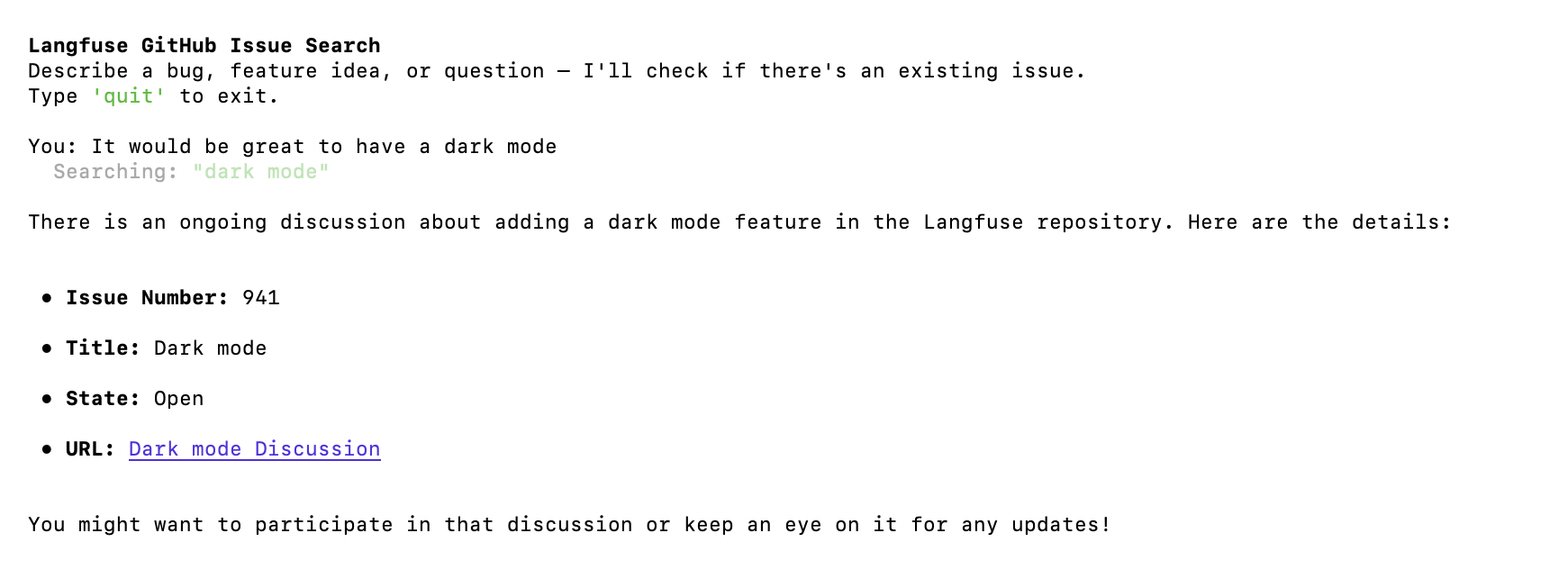 Terminal output of the GitHub issue search chatbot